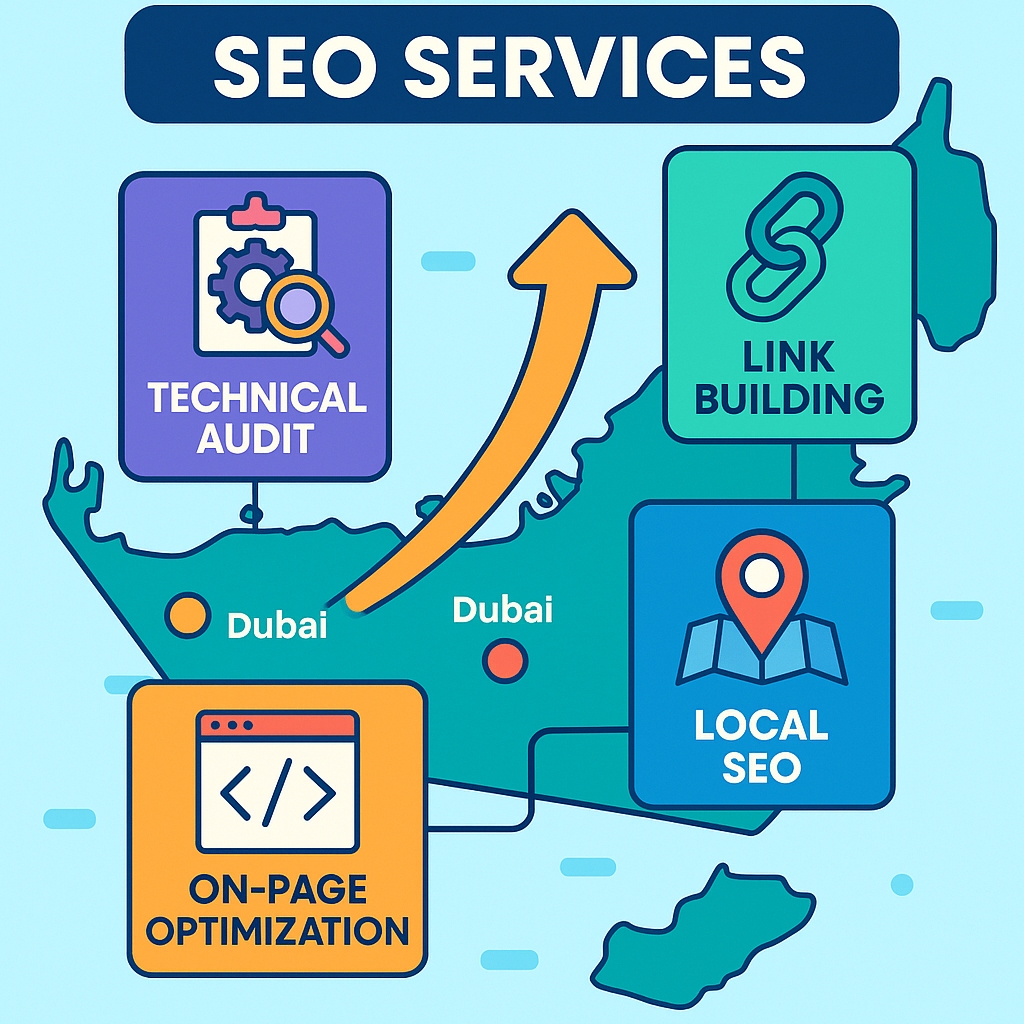 Comprehensive SEO Services Dubai Abu Dhabi - Technical SEO, On-Page SEO, Off-Page SEO, Local SEO, Content Creation